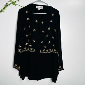Diane Von Furstenberg 100% Silk Black Gold Embroidered Vintage Tunic Size 1X